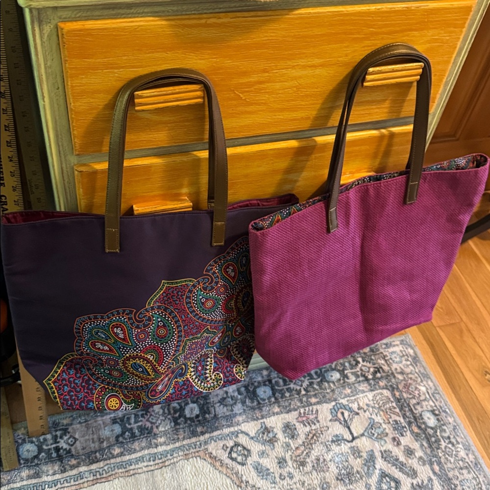 Purple and Pink Tote Bags with Brown Handles